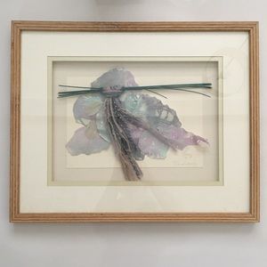 Signed Mixed Media Fiber Art “Moon Shadow”Double Mat Oak Frame Nancy Gomez